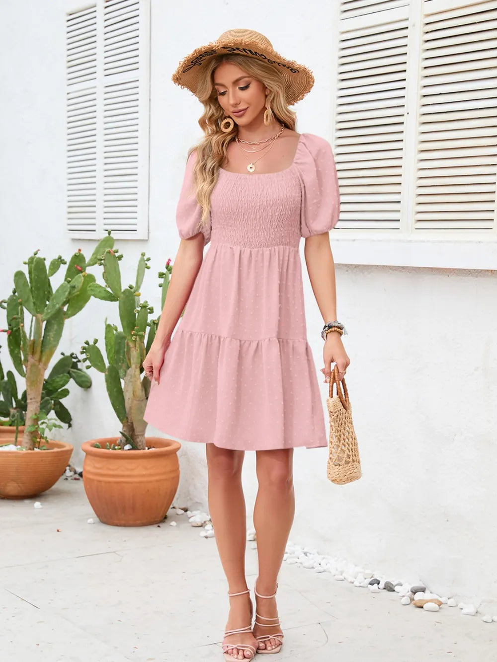 Dot Smocked Square Neck Dress