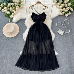 Black A-line V Neck Tulle Dress