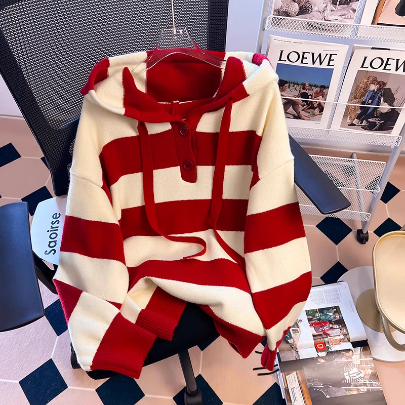 chic red striped hooded sweater women autumn and winter