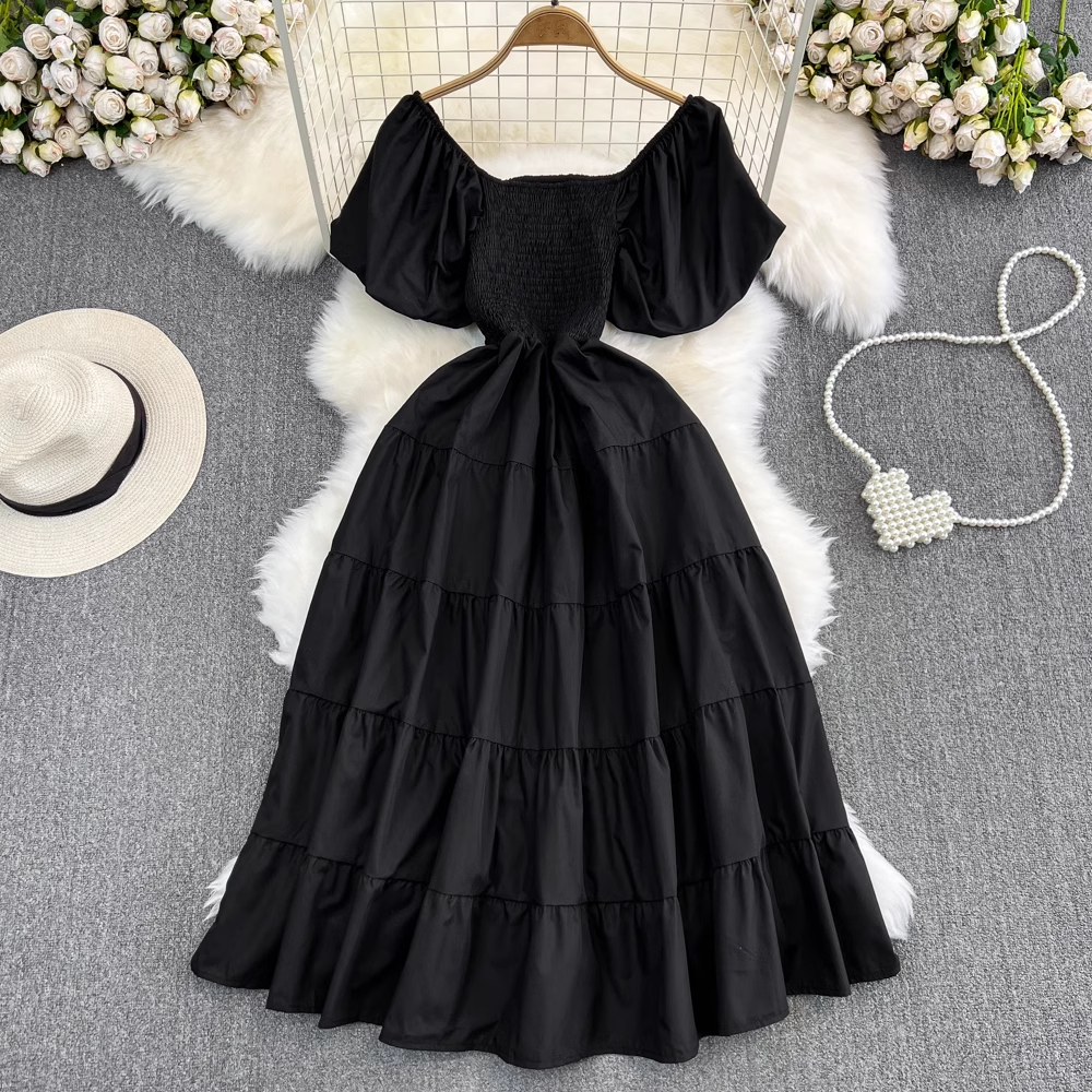 Bubble Short Sleeve Square Neck A-Line Dress Seaside Holiday Swing Long Dress