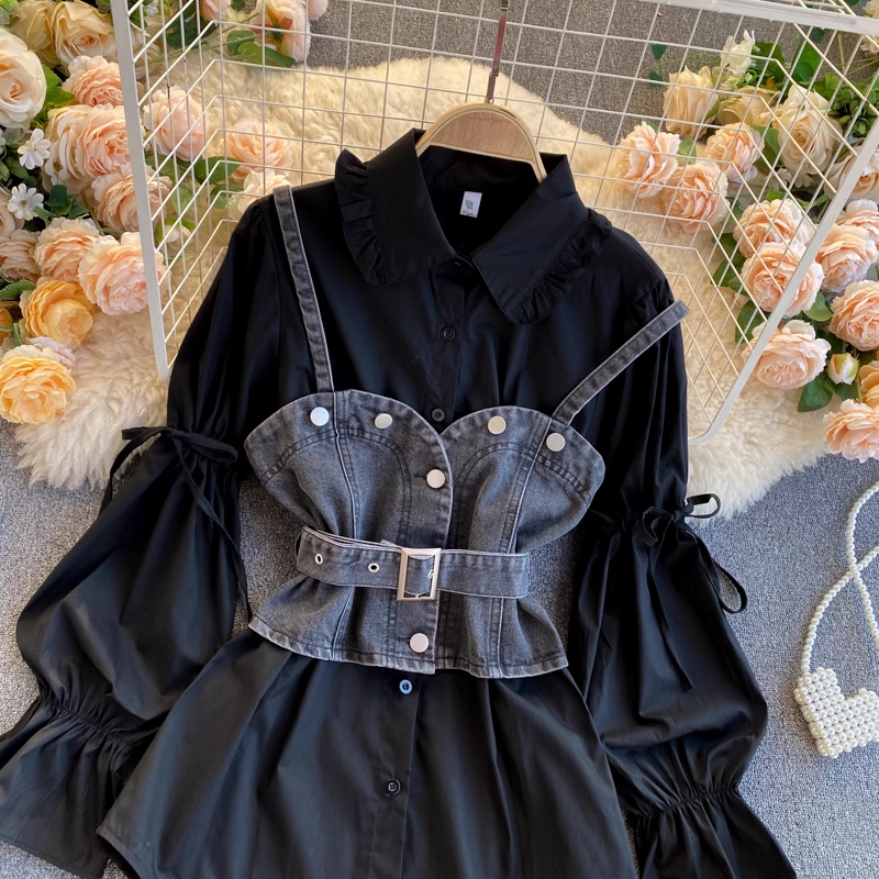 Retro Blouses Women's puff sleeve loose all-match denim camisole stacked two-piece suit