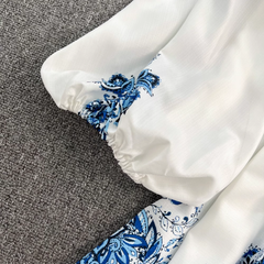 Printed Balloon Sleeve V-neck Dress