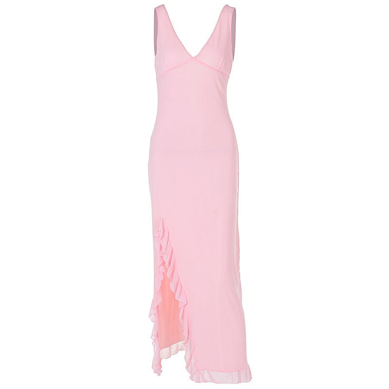 V-neck sleeveless black fungus edge slit backless dress