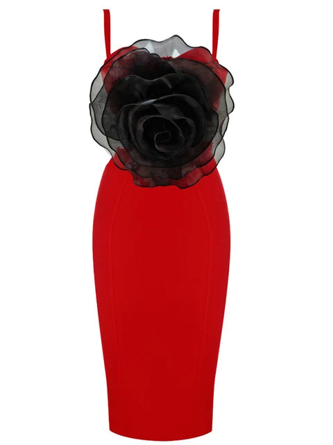 Ladies Splicing 3D Large Flowers Spaghetti Strap Backless Design Club Party Sleeveless Sexy Midi Bandage Dress