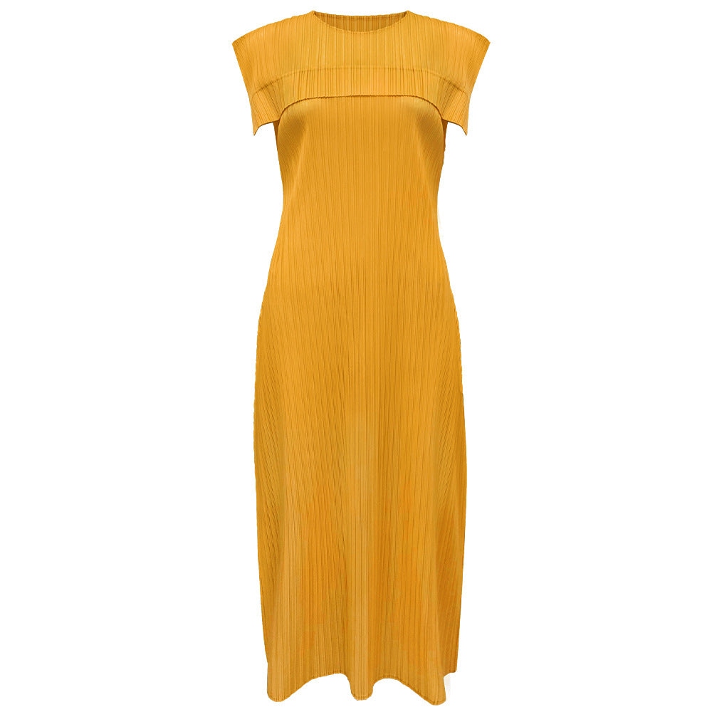 Ladies simple loose sleeveless pleated waistcoat round neck mid-length dress