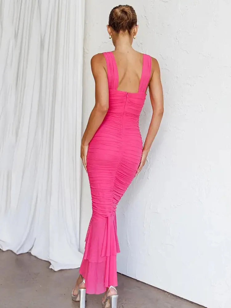 Mozision Hollow Out Backless Ruched Maxi Dress Mesh Elegant Spaghetti Strap Sleeveless Bodycon Party Long Dress