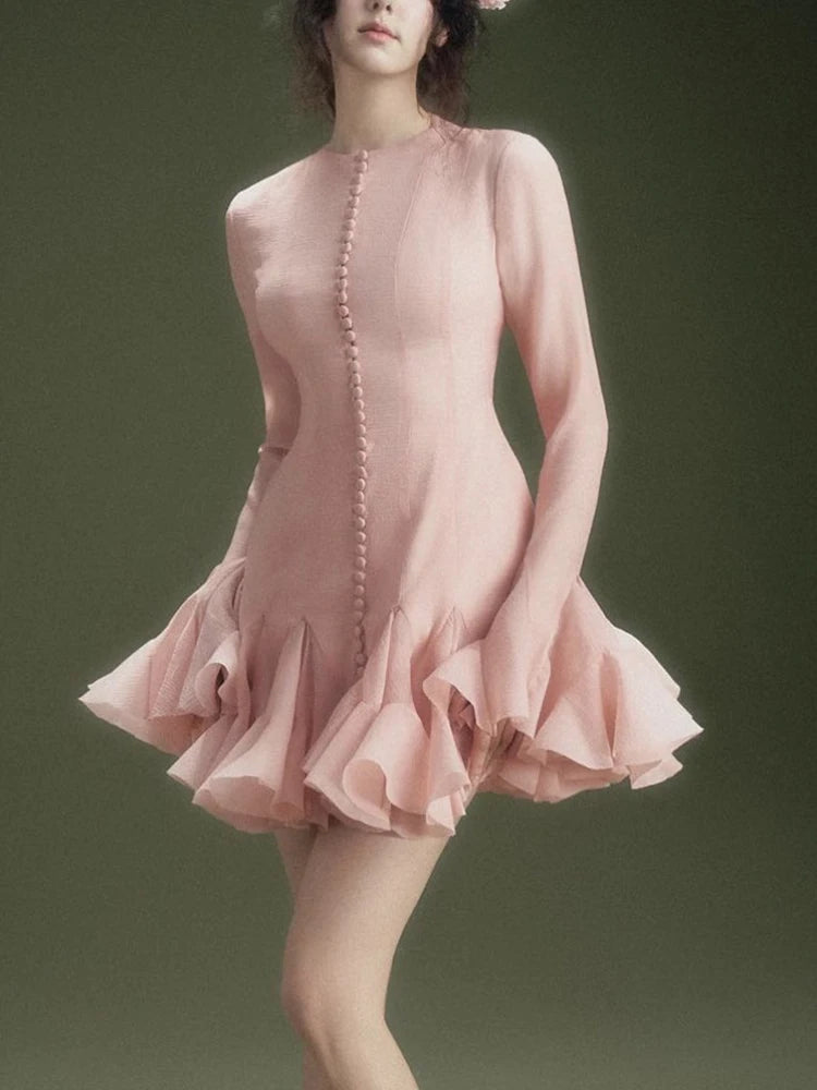Lotus leaf edge splicing hem short dress women's single breasted lotus leaf sleeve skirt