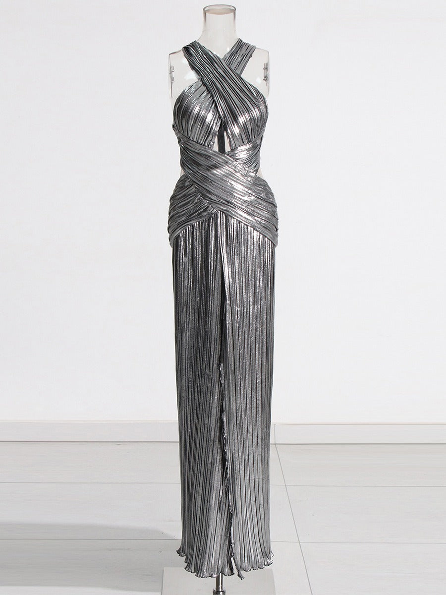 Socialite style banquet dress long skirt cross hanging neck and waist slimming dress