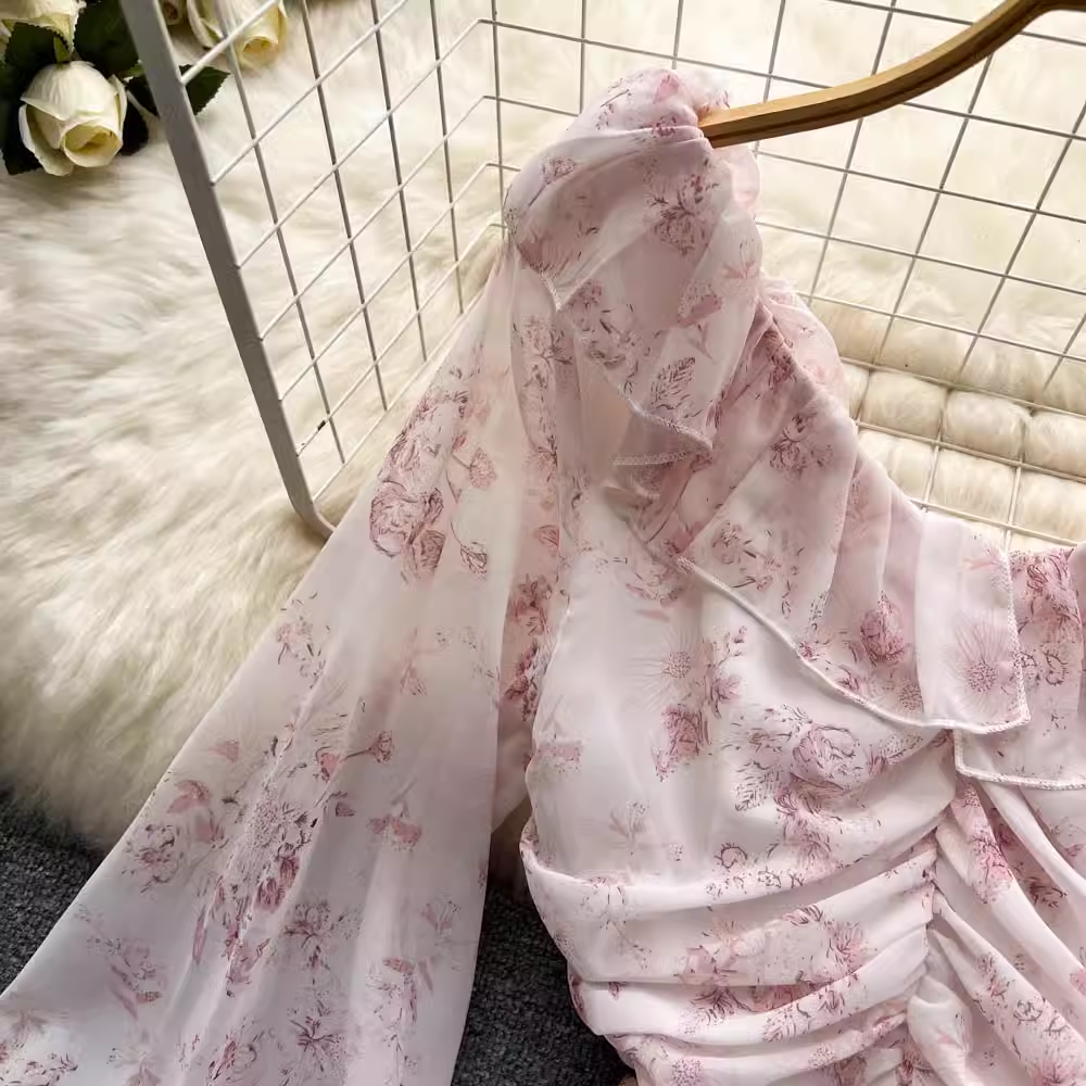 Pink Floral Fairy Dress Summer New Chiffon V-neck Wrap Dress