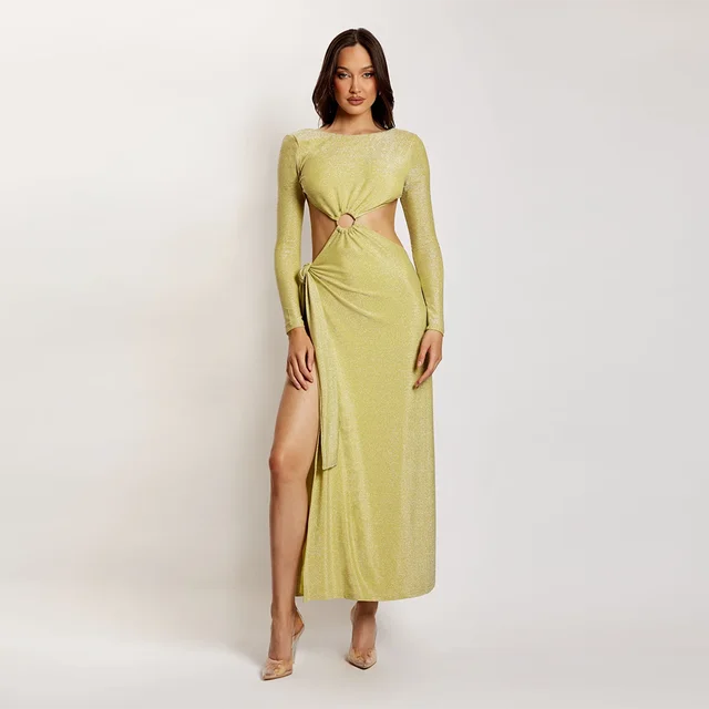 Sexy Backless Dress Chic Waist Hollow Out Design High Slit Long Gold Dress Cocktail Party Wear