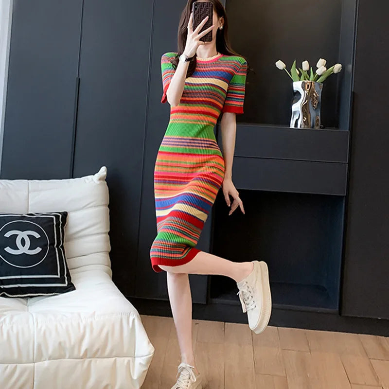 Vintage Striped Knee-Length Slim Knitted Dress Women Korean O-neck Bodycon Sweater Dresses Elegant Vestidos Mujer P704