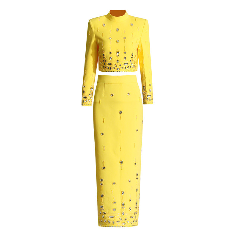 Handmade Beading Short Jacket Skirt Sets Outfits Designer Long Dress Set White Black Yellow Slim Suits Wedding