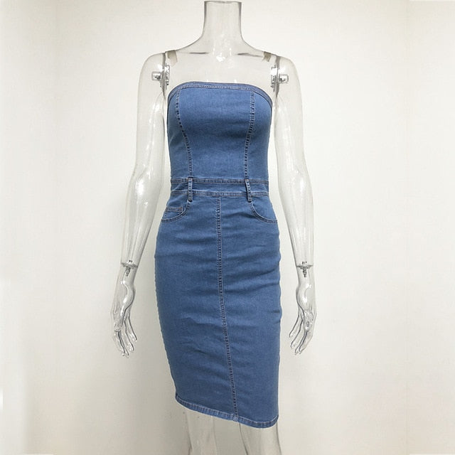 Strapless Denim Dress Women Elegant Dress Sexy Party Jeans Dress Bodycon Dresses Casual Club Wear Vestido Jeans