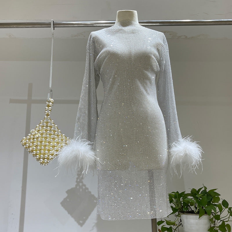 Luxurious Perspective Hollow Mesh Ostrich Hair Slimming and Slimming Bottom Shirt Full Diamond Set Dress