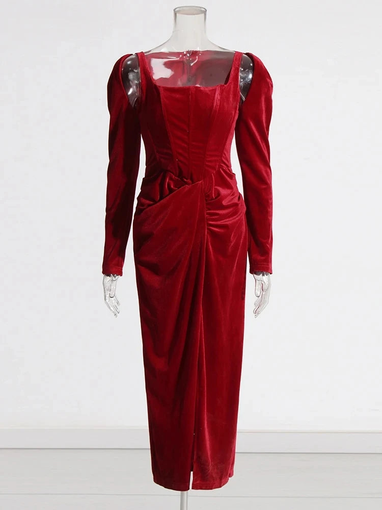 temperament square collar design with pleats and twists, solid color dress, long skirt, women's clothing