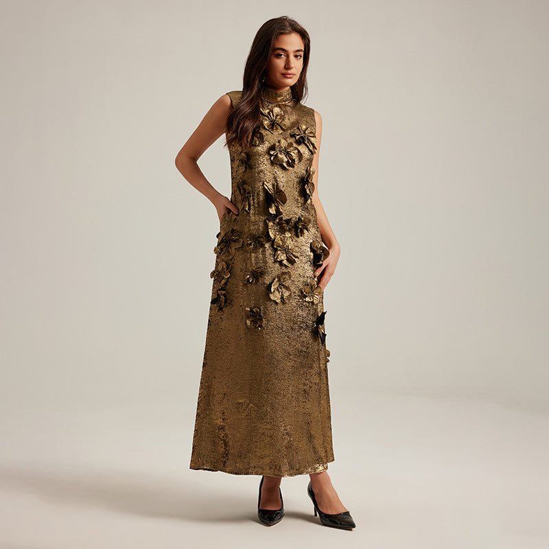 Three dimensional flower splicing sleeveless waist cinched A-line skirt long dress