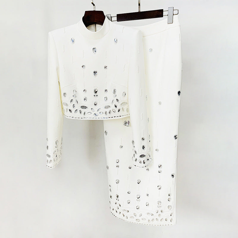 Handmade Beading Short Jacket Skirt Sets Outfits Designer Long Dress Set White Black Yellow Slim Suits Wedding