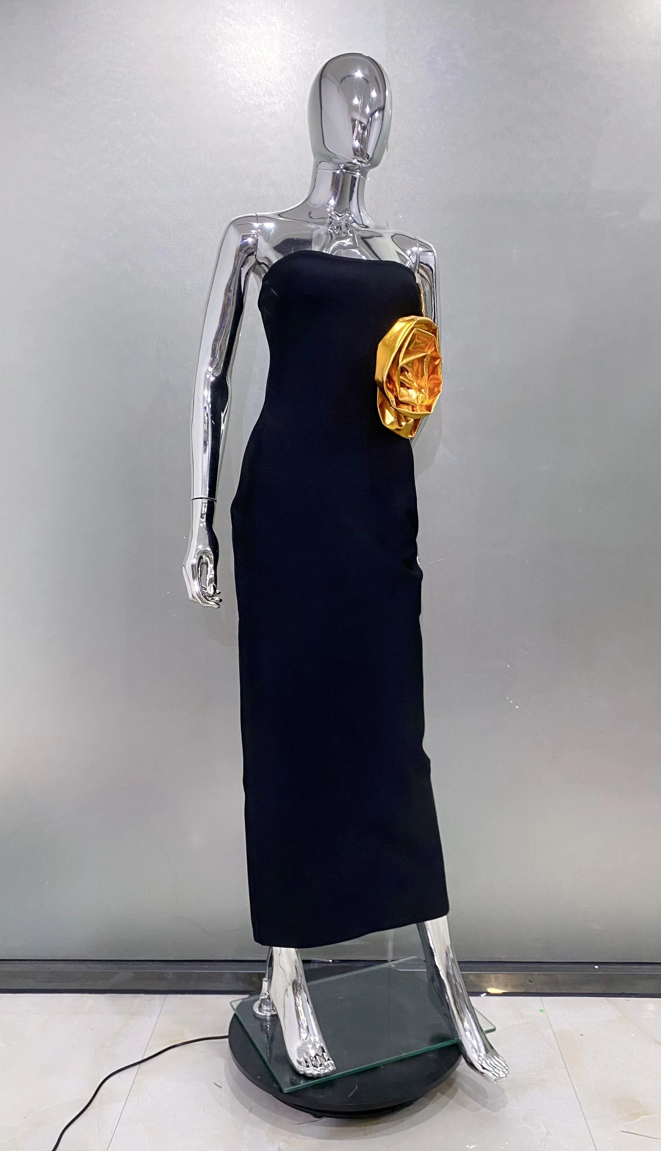Strapless Big Golden Florals Bodycon Bandage Long Dress