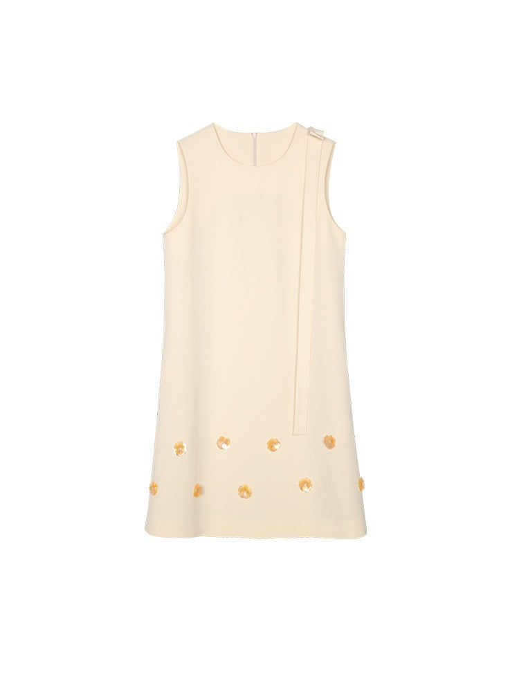 French style small fragrance A-line skirt floral heavy industry nail bead round neck ribbon dress sleeveless