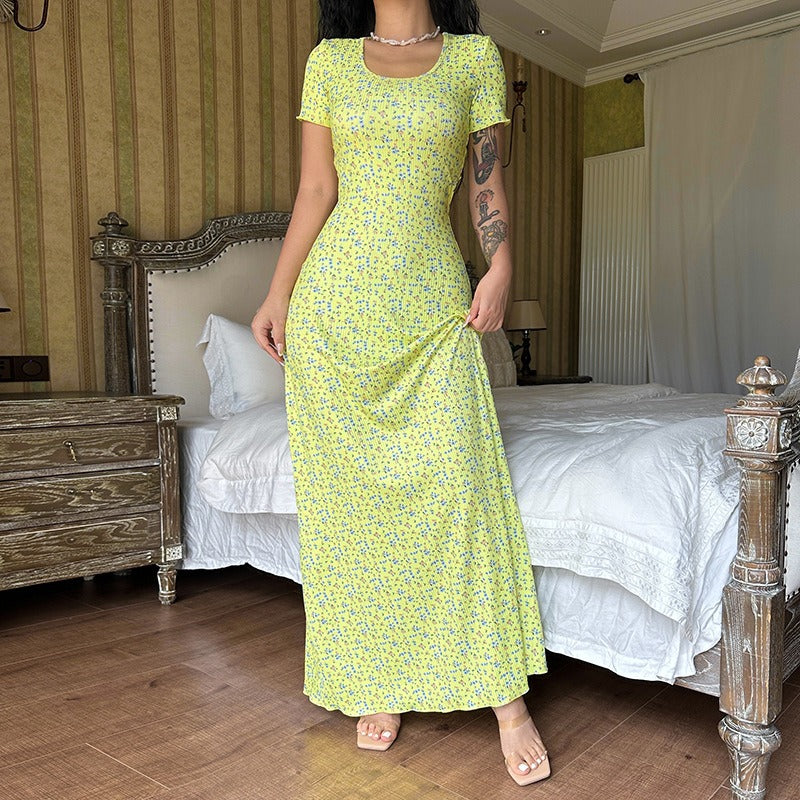 printed U-neck back strap short sleeved dress