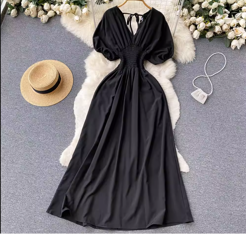 Pure color Puff Sleeves Maxi Dress