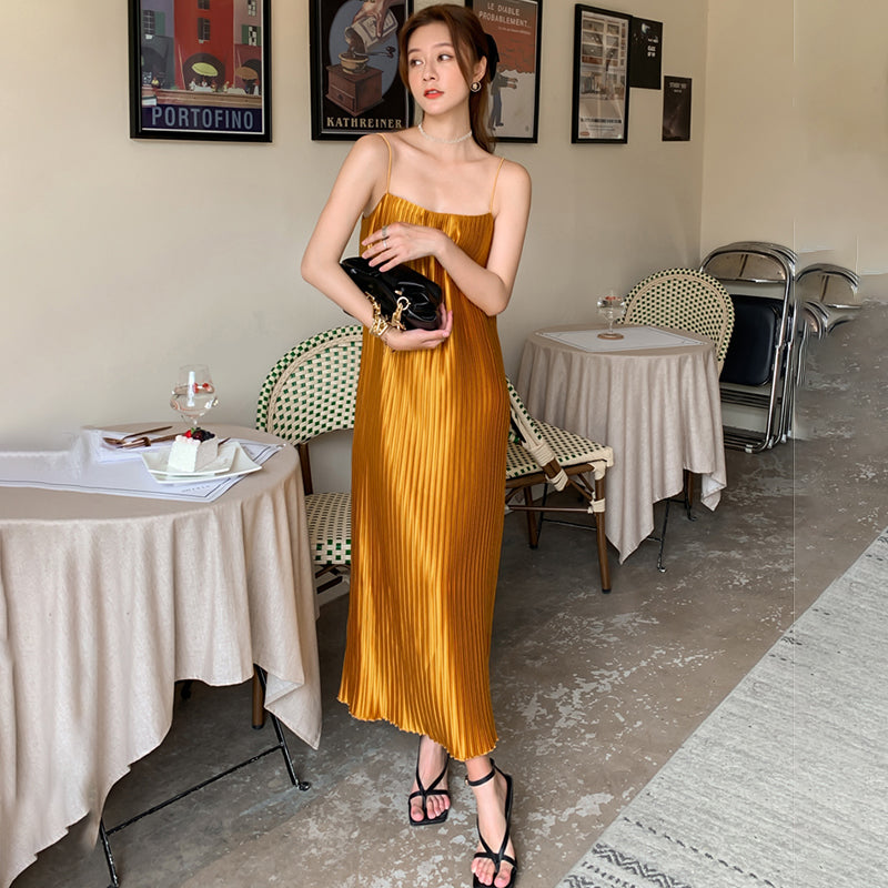 Spaghetti Strap Pleated Satin Dress Loose Casual Sexy Korean Party Dress Long Midi Dress Straight Slash Neck Dress
