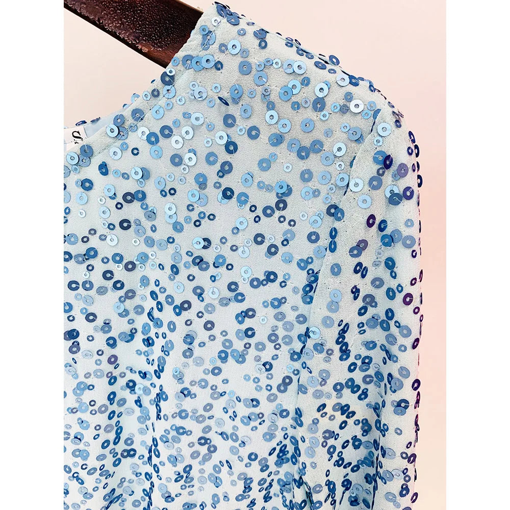 Neck Elegant Flare Sleeve Blue Sequins Party High Street Mini Straight Women Glitter Dress
