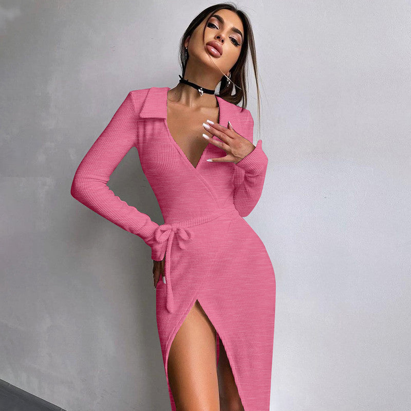 Long Sleeve Dress Sexy Bag Hip Tie Rope Waist Split Long Dress