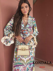 Vintage Flower Print V Neck Loose Long Dress Women Petal Sleeve Ruffles Fashionn Dress Boho Elegant Vestidos