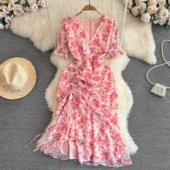 Retro V-neck drawstring print dress