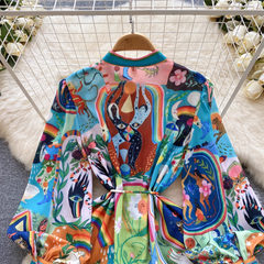 Printed skirt Women's stand collar lantern sleeve dress