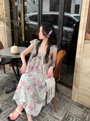 Retro oil painting printed suspender dress in summer