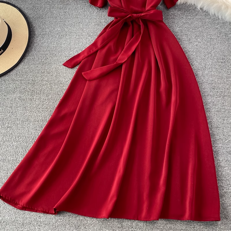 chic retro solid color ruffled mid-length square neck dress