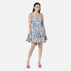 Strapless camisole retro blue print waist cinching short skirt dress