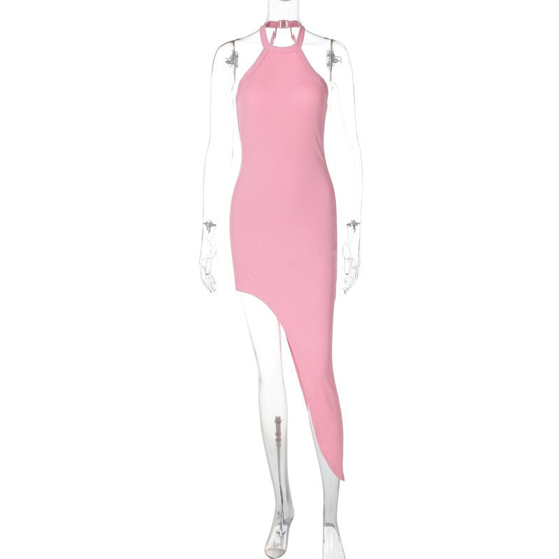 sexy backless split neck sleeveless dress with hanging neck