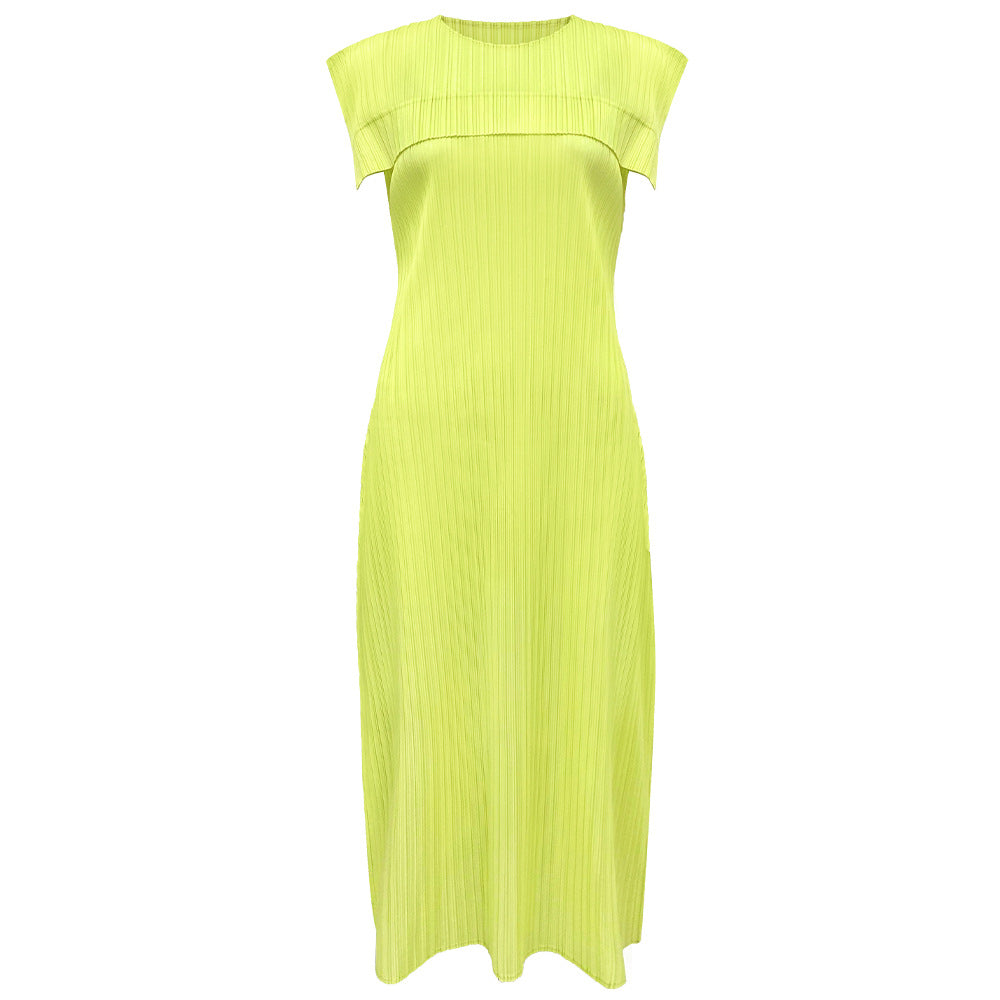 Ladies simple loose sleeveless pleated waistcoat round neck mid-length dress