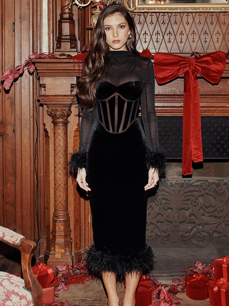 Spring Autumn Long Sleeve Party Club Evening Streetwear Black Midi Dress
