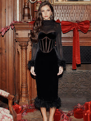 Spring Autumn Long Sleeve Party Club Evening Streetwear Black Midi Dress