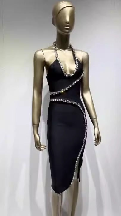 Bandage Skirt European and American Neck Hanging Diamond Party Dress