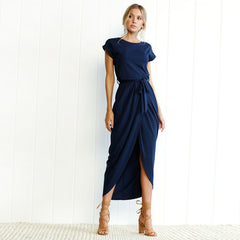 short sleeved front slit irregular short sleeved slim fit dress