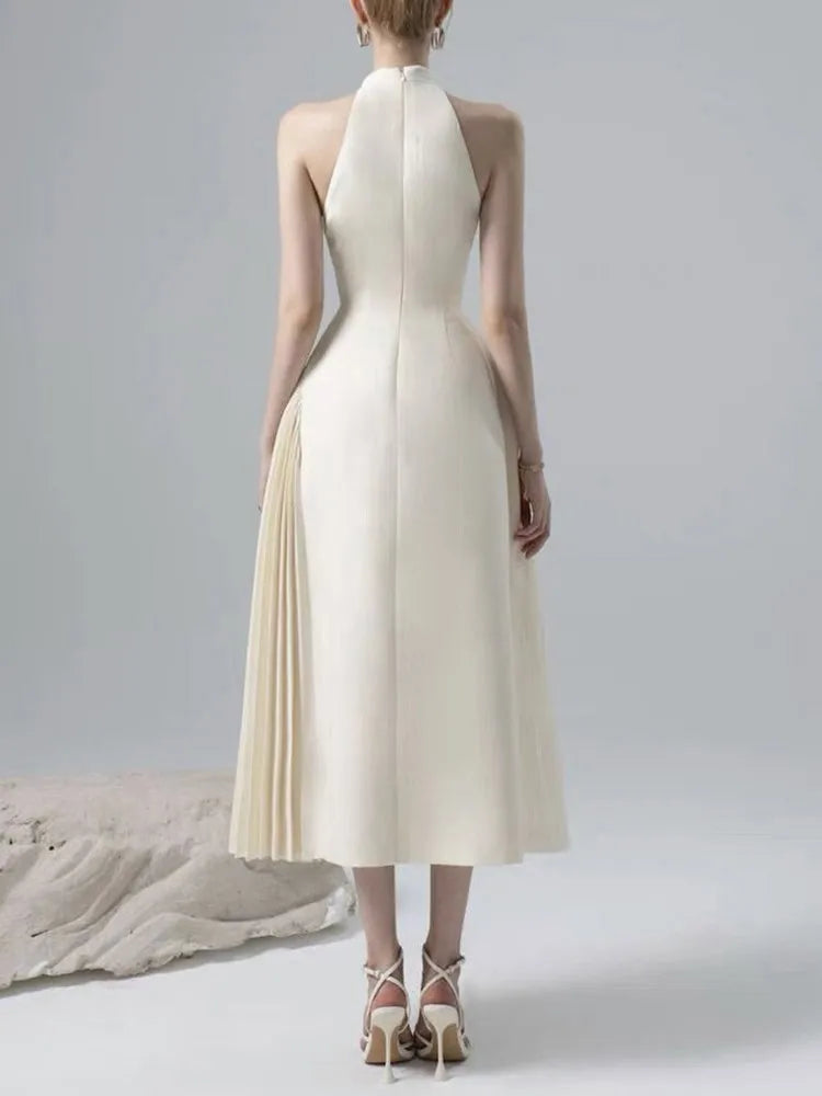 Solid Hollow Out Patchwork Folds Elegant Dresses Lapel Sleeveless High Waist Spliced Zipper Dress Female Fashion