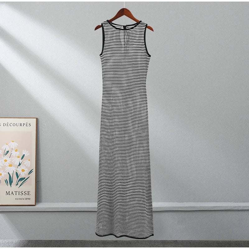 Women Striped Hollow Out Knitted Dress Elegant O Neck Sleeveless Vestidos Female Beach Vacation Robes