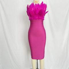Temperament Sexy Slim Party Dress Women Strapless Off Shoulder Sleeveless Zipper Three Dimensional Feathers Midi dress