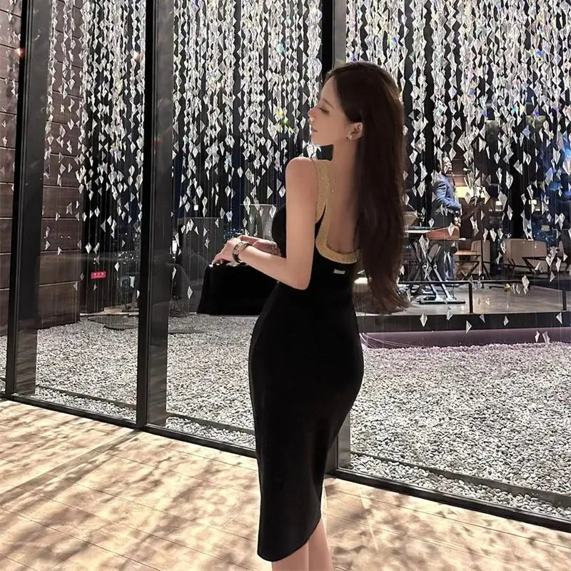 Women Sexy Backless Bodycon Sweater Dress Spring Vintage Gold Sequined Sleeveless Suspender Long Knitted Dress