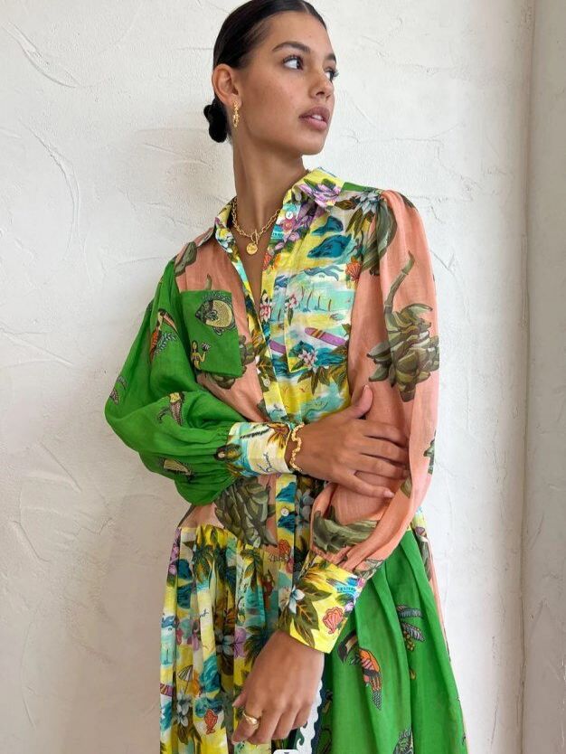 Print Women Dress With Belts Long Lantern Sleeve Single Breasted A-line Dresses Holiday Female Vestidos
