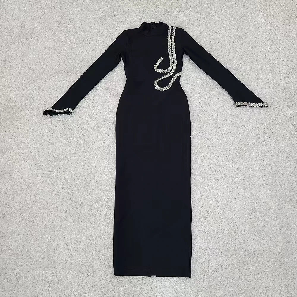 Black Color Women Long Sleeve Shinning Crystal Bodycon Bandage Long Dress Celebrate Evening Party Cocktail Dress