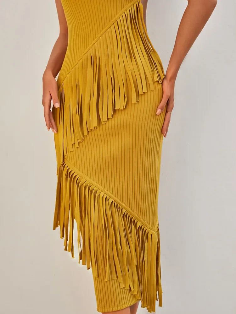 yellow tassel dress hip wrap dress bandage dress