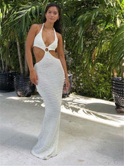 Hanging neck backless strap knitted long dress beach dress