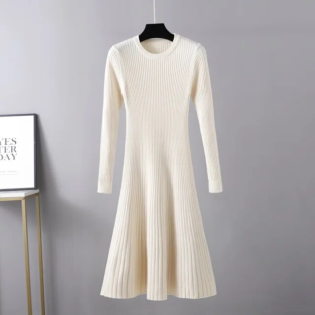 Long Sleeved High Waisted Short Knitted Dress Women Solid High Collar Sweater A-line Dresses Autumn Chic Female Street