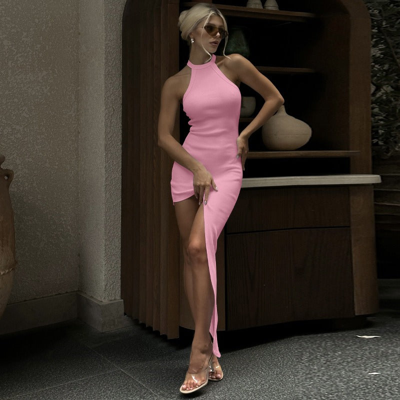 sexy backless split neck sleeveless dress with hanging neck